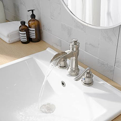 Bathroom Sink Faucet Waterfall 3 Hole or 8 Inch Widespread Tap | Brushed Nickel,Brass,Double Handle,Easy to Clean,Simple Installation,Pop-up Drain,Supply Line,Control of Hot and Cold Water - color: Brushed Nickel