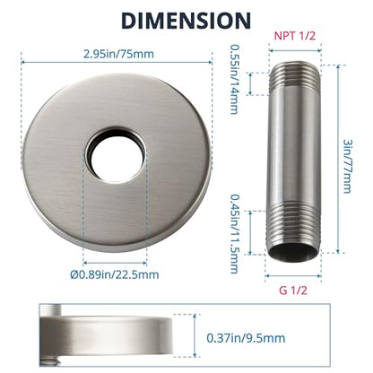 Straight Shower Arm with Flange, Ceiling Mount 3 Inches Rain Shower Head Arm Extension Replacement with Anti-Scratch Escutcheon Plate, DOLGABA Brushed Nickel - color: Round Brushed Nickel 3 Inch