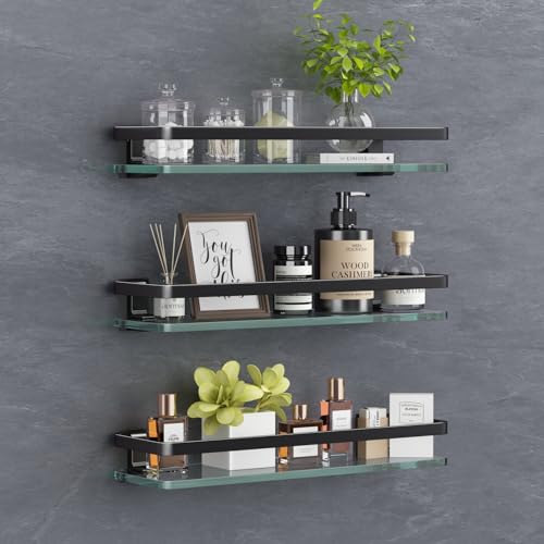 Bathroom Wall Shelf 15.7in Bathroom Glass Shelves Wall Mount Glass Shelf Rustproof Bathroom Wall Organizer 3 Tier (Black) - style: 3 tier without towel bar black