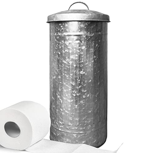 Autumn Alley Farmhouse Galvanized Metal Free Standing Toilet Paper Holder Organizer Stand Canister with Lid – Fits 3 Mega Rolls, Rustic Enclosed Toilet Storage Stand
