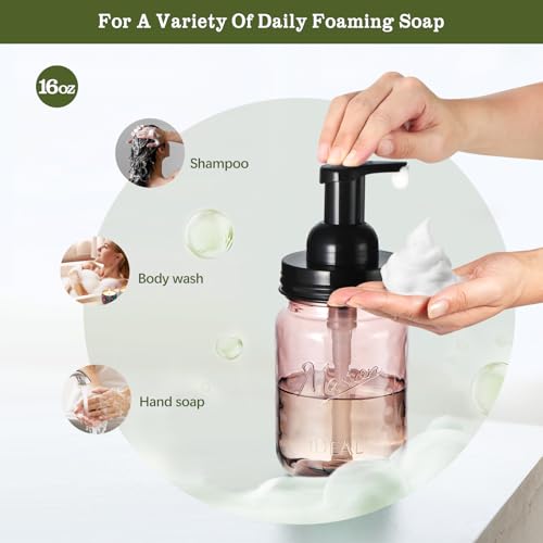 Amolliar Plastic Foaming Soap Dispenser with Pump Lid, 16Oz Refillable Foam Hand Soap Dispenser Set, Clear Dish Soap Bottles with Waterproof Lable for Farmhouse Kitchen Bathroom (4 Pack, Black)