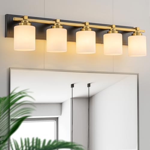 Modern Bathroom Light Fixtures Over Mirror, Vanity Lights for Bathroom Wall Sconces with Milky White Glass Shades, E26 Socket (Bulbs Not Included), 5 Light, Black Gold - color: Black Gold - Milky White Glass Shades, size: 5-Lights
