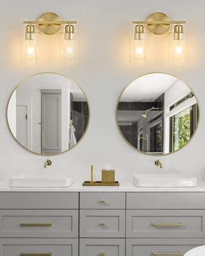 2Light Modern Vanity Lights - Gold, Clear Glass Shade, Wall Sconce for Bathroom & Bedroom, 2 Pack - color: Gold, size: 2 Light - 2 pack