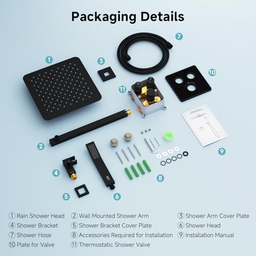 SR SUN RISE 100℉ Brushed Matte Black Shower System,12 Inch | Luxury Rainfall Shower Head,High-Pressure Handheld Shower,Soild Brass,Wall Mount,Valve and Trim Kit Included - color: Matte Black, style: 12"
