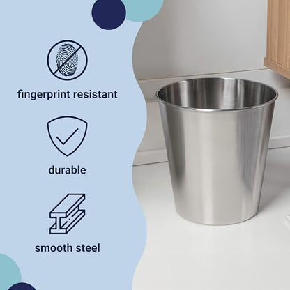 happimess Nolan 2 Gal Smooth Steel Wastebasket, Brushed Steel | 10" Height, Lidless Open Top, Fingerprint Resistant, Mechanical Polishing, Small Space Design - color: Brushed Steel, size: Set of 1