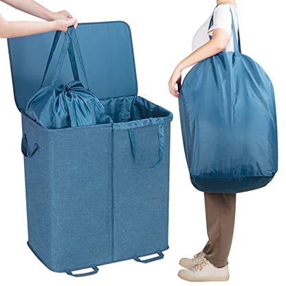 Lifewit Double Laundry Hamper with Lid and Removable Laundry Bags, Large Collapsible 2 Dividers Dirty Clothes Basket with Handles for Bedroom Laundry Room Closet Bathroom College, 136L Blue - color: Blue, size: 136L