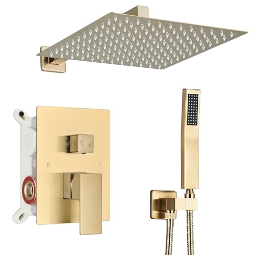 Shower Faucet Rain Shower System with 12 Inches Rainfall Shower Head and Handheld Spray Combo Bathroom Shower Faucet Set Complete Brushed Gold Shower Valve and Trim Kit Wall Mounted - color: Brushed Gold, size: Brushed Gold-12''