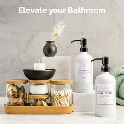 Vine Creations White Glass Soap Dispenser, 2 Pack Kitchen Soap Dispenser Set with Stainless Steel Pump, 16 oz Dish Soap and Hand Soap Dispensers for Bathroom with Waterproof Labels - color: Matte White Bottle / Matte Black Pump