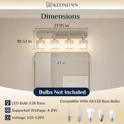 Keonjinn 4-Light Bathroom Light Fixtures, Crystal Chrome Bathroom Vanity Lights Over Mirror, Vanity Lighting Fixtures with Crystal Square Shades (E26 Socket, Exclude Bulb) - color: Chrome, size: 4-Light