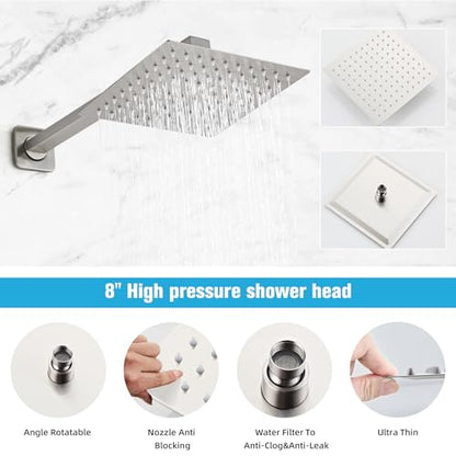 Shower Faucet Set Matte Black Bathroom Rainfall Shower System Wall Mount with 8 Inch Square Shower Head, Single Function Shower Trim Kit (8 Inch without Handheld Sprayer, Brushed Nickel) - color: Brushed Nickel, style: 8 Inch without Handheld Sprayer