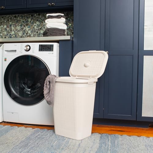 Mind Reader 60L Slim Laundry Hamper, Clothes Basket, Lid, Linen Design, Plastic, Ivory - color: Ivory