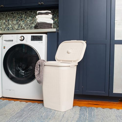 Mind Reader Slim Laundry Hamper with Lid, 50L Clothes Basket, Premium Wicker Design, Plastic, Ivory - color: Ivory