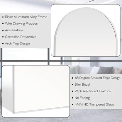 Silver Arched Mirror 22x30in, Metal Framed Bathroom Vanity Wall | Tempered Glass, Shatter Proof, Living Room Bedroom Entryway, Modern Elegant Design - color: Silver, size: 30"L x 22"W, style: Arched