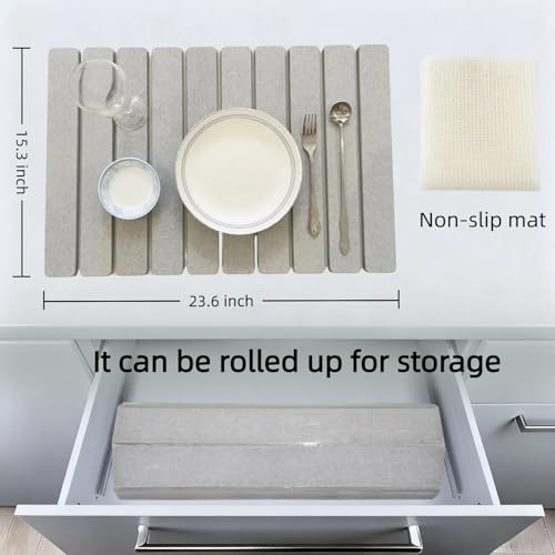 Collapsible Stone Dish Drying Mat for Kitchen Counter - 24" x 16" Diatomaceous Earth Mat, Super Absorbent & Quick Dry, Include Anti-Slip Pad & Sanding Tool, Grey