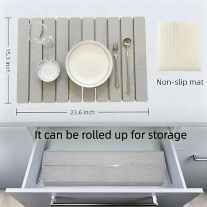 Collapsible Stone Dish Drying Mat for Kitchen Counter - 24" x 16" Diatomaceous Earth Mat, Super Absorbent & Quick Dry, Include Anti-Slip Pad & Sanding Tool, Grey