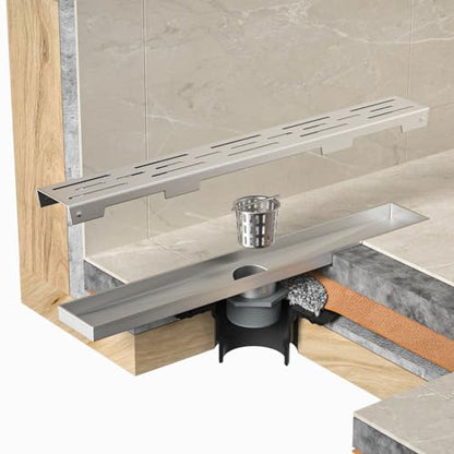 Linear Shower Drain 28" Brushed 304 Stainless Steel | with Drain Grate | Fast Drainage | Stainless Floor Drain Grate | Hair Strainer | Drain Key | The Upgrade for Your Bathroom - size: 28 Inch