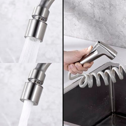 Wall Mount Kitchen Faucet with Side Sprayer, Mixer Tap, 360�� Swivel Spout | 304 Stainless Steel Constructed, Brushed Nickle, Rotatable, 8"" Center - color: Style E