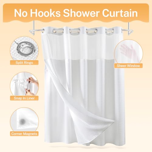 River Dream Cotton Blend Fabric Shower Curtain Set with Liner, White, 71x86 | Waffle Weave, No Hook Needed, with Snap in Replacement Liner, Top Sheer Window, Hotel Quality for Bathroom, Extra Long - color: White, size: 71"W x 86"L (Pack of 1)