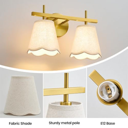 Modern Bathroom Vanity Light, 2-Light Brushed Gold Bathroom Light Fixtures with Scalloped Linen Fabric Shade, Vanity Lighting Fixtures Over Mirror (Exclude Bulb) - color: Gold, size: 2 Light