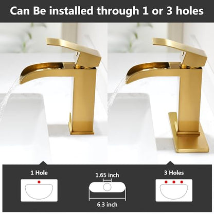 Waterfall Bathroom Faucet Gold - Single Handle Sink Faucets Bathroom 1 Hole Or 3 Hole for 4In | Modern Solid Vanity Faucet with Deck Plate & Overflow Pop Up Drain Brushed Gold - color: A-Brushed Gold