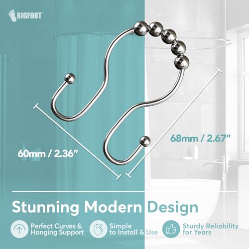 BigFoot Shower Curtain Hooks, Stainless Steel, Rust Resistant, Easy Installation & Smooth Glide, Fits Standard Shower Rods, 2 Hook Rings Hold Liners & Curtains, 12 Pieces, Nickel Color - style: Style 3 Double Hook