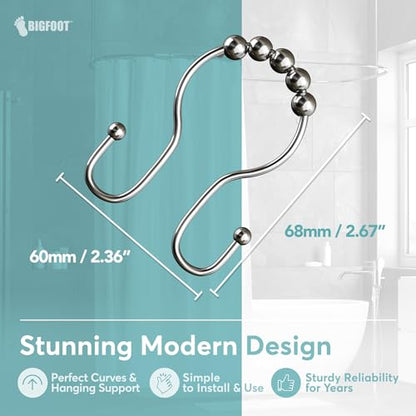 BigFoot Shower Curtain Hooks, Stainless Steel, Rust Resistant, Easy Installation & Smooth Glide, Fits Standard Shower Rods, 2 Hook Rings Hold Liners & Curtains, 12 Pieces, Nickel Color - style: Style 3 Double Hook