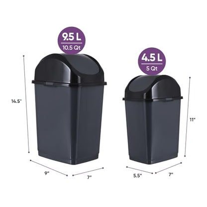 Superio Mini 1.25 Gallon and Small 2.5 Gallon Plastic Trash Cans with Swing Top Lid, Grey Waste Bin for Countertop, Desk, Vanity, Bathroom, 2 Pack (Grey) - size: 1.25 and 2.5 Gallon, style: 2 Pack
