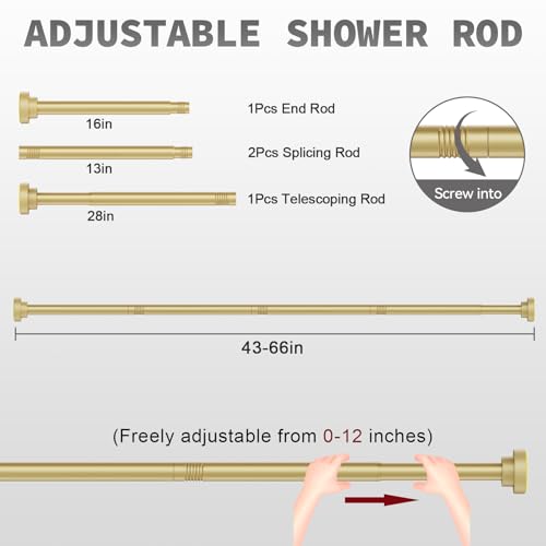 Thestoa Gold Shower Curtain Rod Adjustable 43-66 inch, 1"Diameter Spring Tension Curtain Rod No Drill, Anti-Rust Non-Slip Shower Rod for Bathroom - color: Gold, size: 43"- 66"