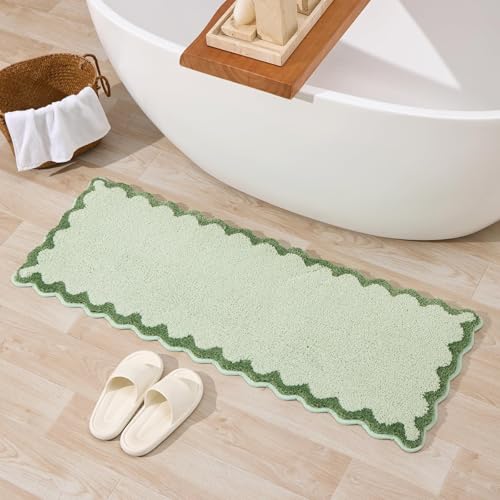 ORTIGIA Long Cute Scalloped Bathroom Rugs Runner, Fun Green Plush Microfiber Scallop Bath Mats Non Slip Washable Quick Dry Absorbent, Rug Carpet for Bathtub Sink Laundry Room Bedroom, 17x47 - color: Light Green, size: 1'5" x 3'11" (Rectangular)
