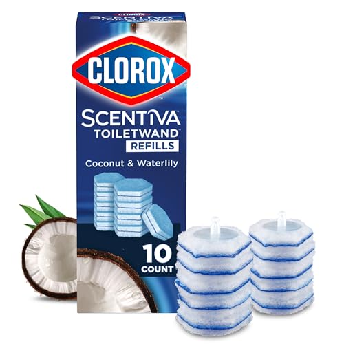 Clorox Scentiva ToiletWand Refills, Coconut and Waterlily, 10 Count | Disposable Toilet Brush Scrubbing Pads, Eliminates Hard Water and Lime Stains 2X Better than a Manual Brush