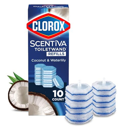 Clorox Scentiva ToiletWand Refills, Coconut and Waterlily, 10 Count | Disposable Toilet Brush Scrubbing Pads, Eliminates Hard Water and Lime Stains 2X Better than a Manual Brush