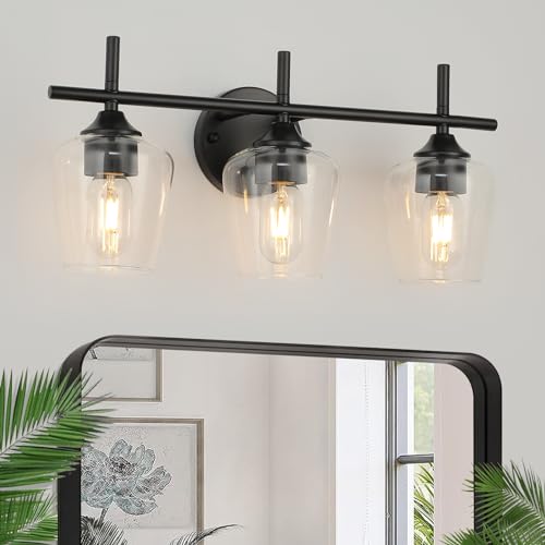 foucasal Bathroom Vanity Light Fixtures, 3-Light Black Vanity Lighting | Win Glass Clear Shade, Modern Bathroom Lights Over Mirror, Wall Lamp for Bathroom, Bedroom, Hallway, Living Room, Restroom - color: Black & Clear E26, size: 3-light