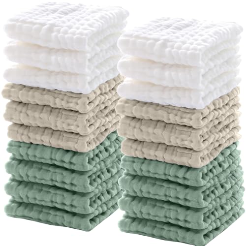 20 Pcs Baby Muslin Washcloth 12 x 12 Inch 100% Cotton Soft and Absorbent Muslin Washcloth Burp Cloth Wipe Newborn Face Towel for Baby Boy Girl Sensitive Skin (White, Khaki, Dark Green) - color: White, Khaki, Dark Green