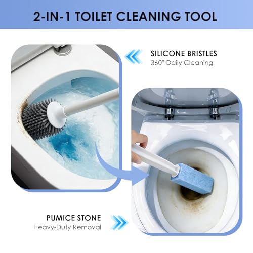 Toilet Cleaner Brush, Silicone Toilet Brush+Pumice Stone for Toilet Cleaning, with Non-Slip Long Handle, Wall Mounted/Floor Standing, Toilet Brush Set for Bathroom RVs