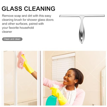 Stainless Steel Window Cleaning Squeegee with 10-inch Blade and Nail-Free Adhesive Hook, Shower Screen Scraper for Bathroom Glass Doors and Car Windows, Multi-Purpose Shower