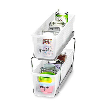madesmart Mini 2-Tier Organizer, Multi-Purpose Slide-Out Storage with Handles and Dividers for Home and Bath, Frost | pull out bins, adjustable dividers, tiered access, cleaning supplies, under sink use, pantry bottles, woman owned - color: Grey