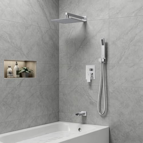 SR SUN RISE 12 Inch All Metal Square Shower System with Tub Spout, Tub Shower Faucet Set, High Pressure Rain Shower Head and Handheld Sprayer Shower Fixtues, Valve Included, Polished Chrome - color: Polished Chrome, size: 12 Inch