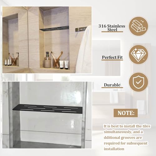 12 Inch Shower Niche Shelf Powder Coated 316 Stainless Steel Tile Insert | Rectangular Shelf for 12 Inch Tile Prefabricated Niches, Fits 1/8 Inch Grout Lines, Shower Niche Insert Powder Coated Finish - size: 316 Stainless Steel - Black