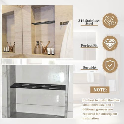 12 Inch Shower Niche Shelf Powder Coated 316 Stainless Steel Tile Insert | Rectangular Shelf for 12 Inch Tile Prefabricated Niches, Fits 1/8 Inch Grout Lines, Shower Niche Insert Powder Coated Finish - size: 316 Stainless Steel - Black