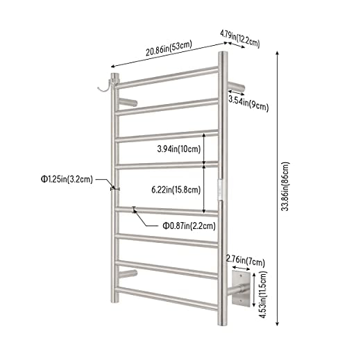 8-Bar Wall-Mounted Towel Warmer, Plug/Hardwired, 3 Timers | can be surface-mounted or flush-mounted, with wiring/cable exit available on either the right or left side,Brushed