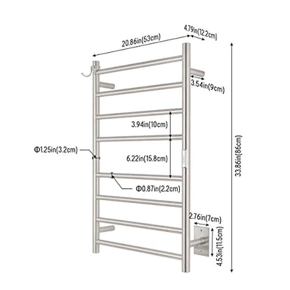 8-Bar Wall-Mounted Towel Warmer, Plug/Hardwired, 3 Timers | can be surface-mounted or flush-mounted, with wiring/cable exit available on either the right or left side,Brushed