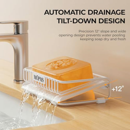MOPMS Self Draining Soap Dish, Carbon Steel Bar Soap Holder for Shower | Waterfall Design Soap Saver for Bathroom, Kitchen Sink and Countertop, Sponges, Dispensers, White - color: White