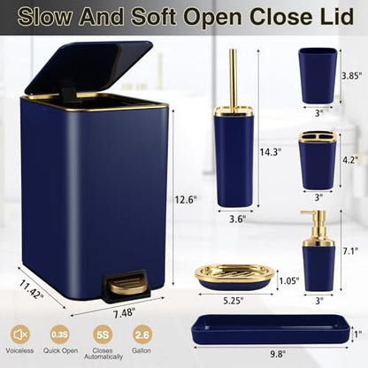 XLHOMO Navy Blue Bathroom Accessories Set 8 Piece Navy Blue and Gold Bathroom Set, Bathroom Sets with Stainless Steel Trash Can,Toilet Brush,Toothbrush Set,Soap Dispenser - size: Navy blue, style: Bath Set
