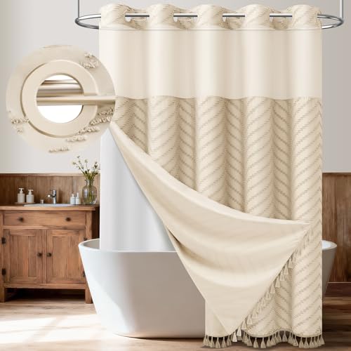 Beige Hook Free Chevron Shower Curtain & Fabric Liner,72x75 | Less Time to install, 3 in 1 Fabric Shower Curtain and Liner Set with Magnets, Mesh Top Window, Shower Curtains for Bathroom - color: Beige, size: 72"W x 75"L (Pack of 1)