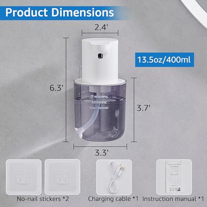 Automatic Soap Dispenser for Kitchen Sink - Wall-Mount & Countertop White | 4-Level Adjustable,13.5oz Clear Plastic IPX5 Rechargeable, Suitable for Bathroom - color: White.l