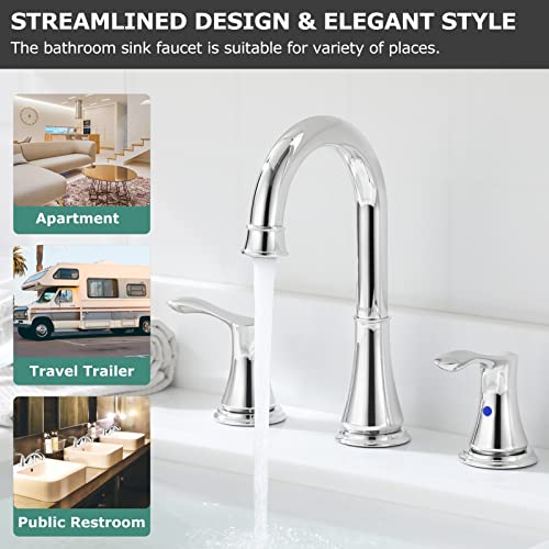 Chrome Widespread Bathroom Sink Faucet 8 Inch for Vanity | with All Metal Pop Up Drain, High Arc 2 Handle Lead-Free Deck Mount Bathroom Faucet for 3 Hole Lavatory Utility Sink - color: Chrome