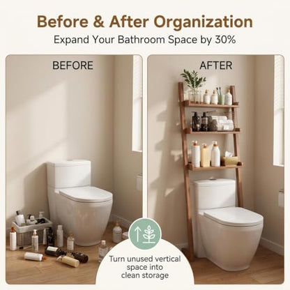 Over the Toilet Storage Shelf Solid Wood 3 Tier Leaning Ladder Rack | Solid Wood Construction, Wall-Mounted Leaning Design for Small Bathroom,Ideal for Apartment Renters(Natural) - color: Natural