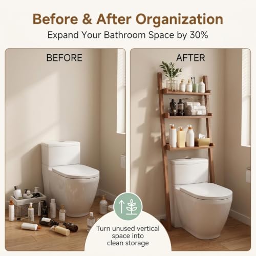 Over the Toilet Storage Shelf Solid Wood 3 Tier Leaning Ladder Rack | Solid Wood Construction, Wall-Mounted Leaning Design for Small Bathroom,Ideal for Apartment Renters(Brown) - color: Brown