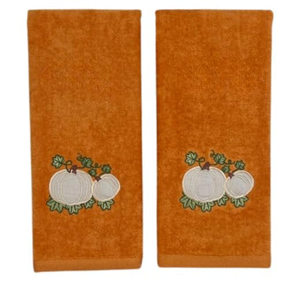 Serafina Home Harvest Fall Bathroom Guest Hand Embroidered Towels 2 Pc Set: Pumpkin Leaf Appliqué Design Bath Plush Rust Orange Towels, 100% Cotton, 16" x 25" Inches, Oeko-TEX Certified - color: Rust Pumpkins
