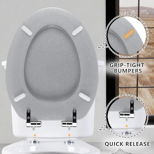Angol Shiold Glitter Toilet Seat Molded Wood Elongated Toilet Seat with Quietly Close and Quick Release Hinges, Easy to Clean also Easy to Install (Elongated 18.5'', Silver) - color: Silver, size: Elongated 18.5‘’